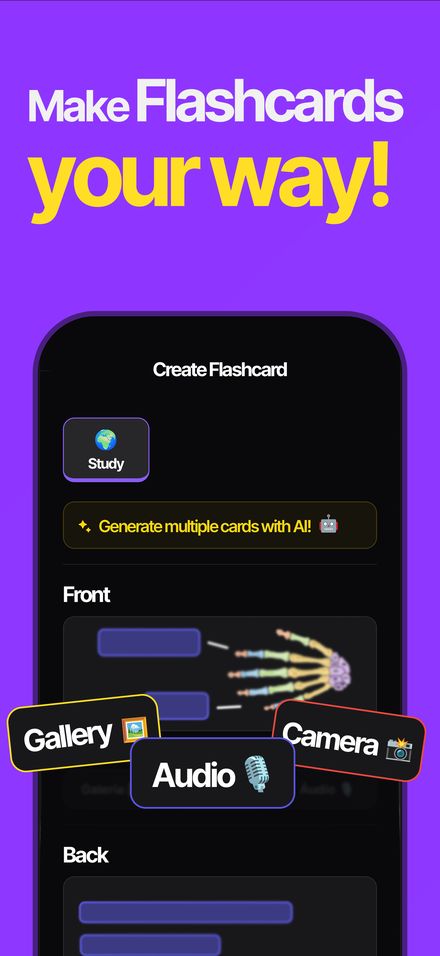 Flashcard creation screen with gallery, camera and audio options