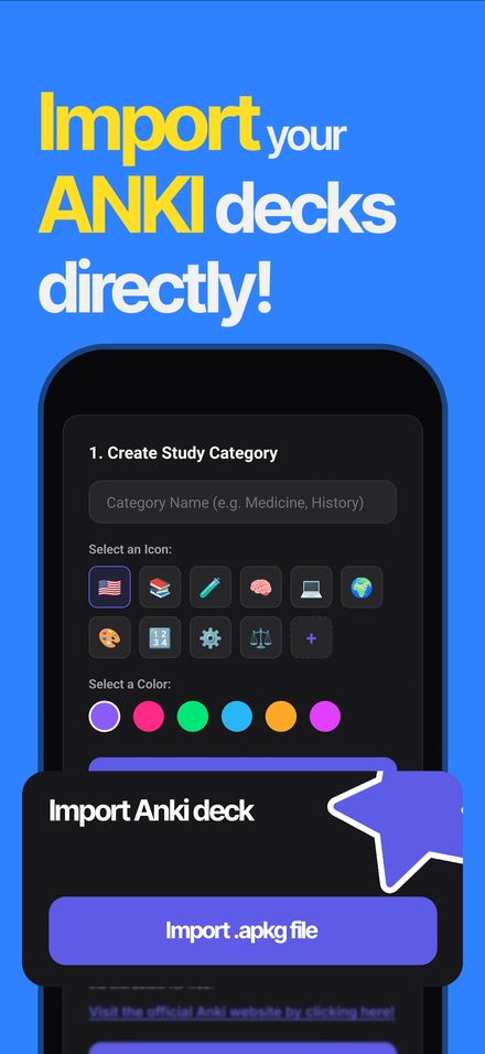 Anki .apkg deck import screen with category icon and colour picker