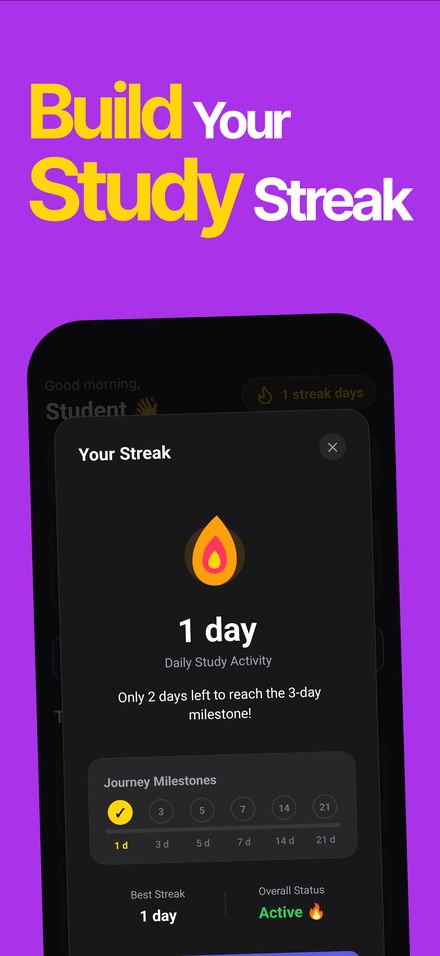 Daily study streak screen with milestones from 1 to 21 days