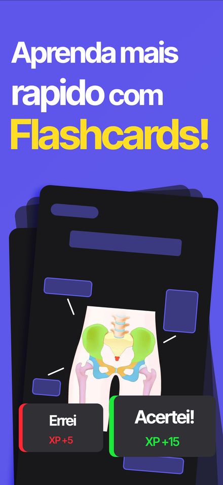 Tela de estudo do Mindstreak com um flashcard de anatomia e os botões Errei e Acertei