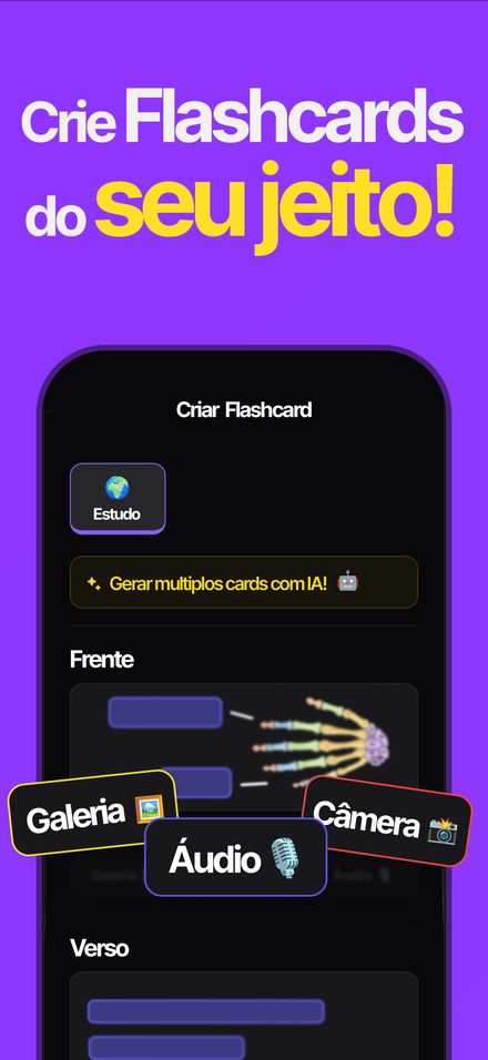 Tela de criação de flashcard com opções de galeria, câmera e áudio