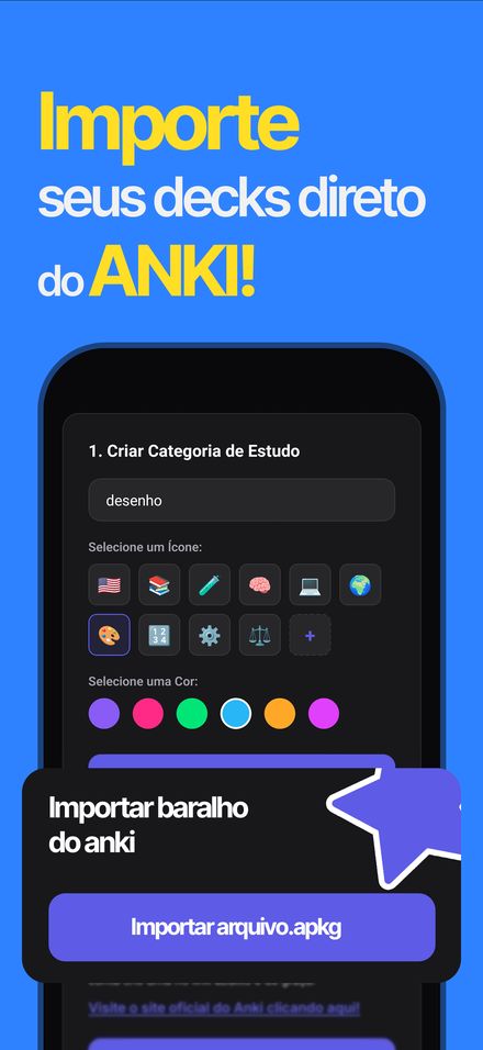 Tela de importação de baralho .apkg do Anki e escolha de ícone e cor da categoria